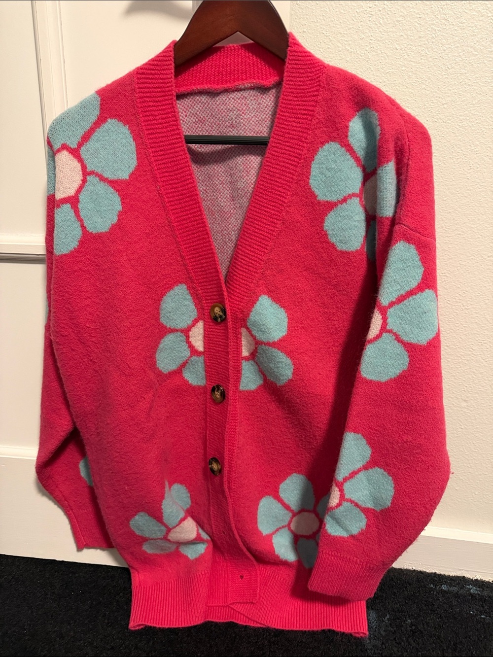 Women’s Pink Floral Button-Front Sweater Cardigan